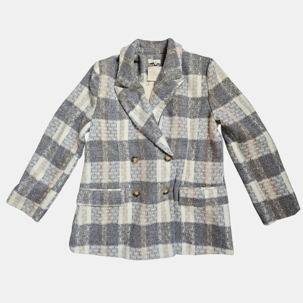 Easel Plaid Check Double Breasted Pea Coat L Wool Polyester Blend Old Money
